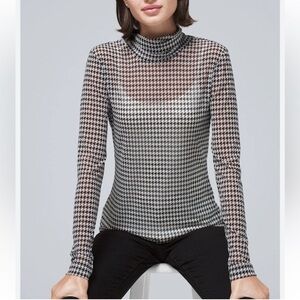 White House Black Market Houndstooth Long Sleeve Mesh Turtleneck